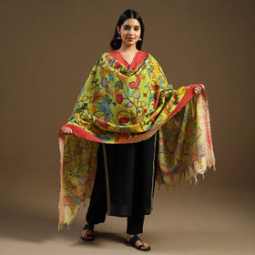 Green Pen Work Chanderi Silk Handpainted Kalamkari Dupatta
