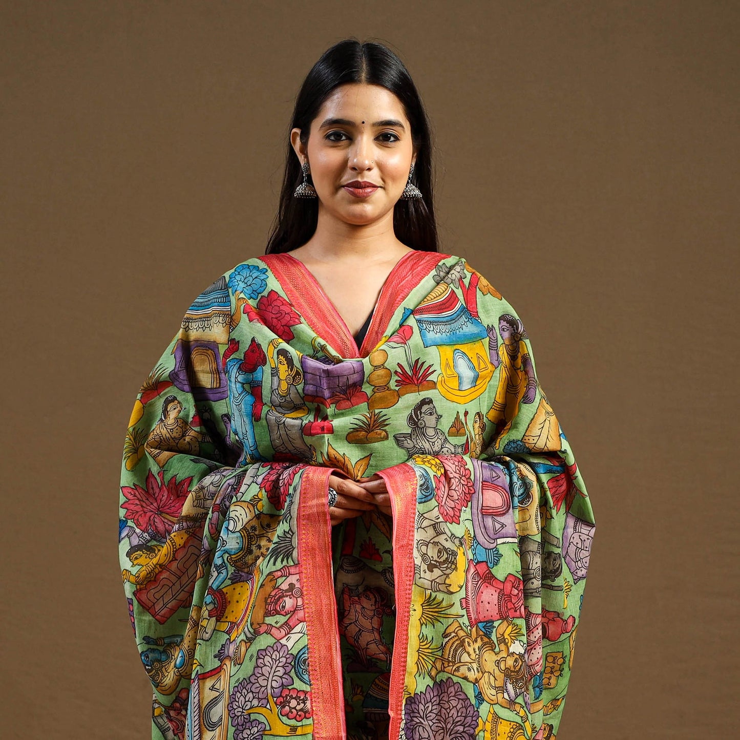 Pen Work Chanderi Silk Handpainted Kalamkari Dupatta