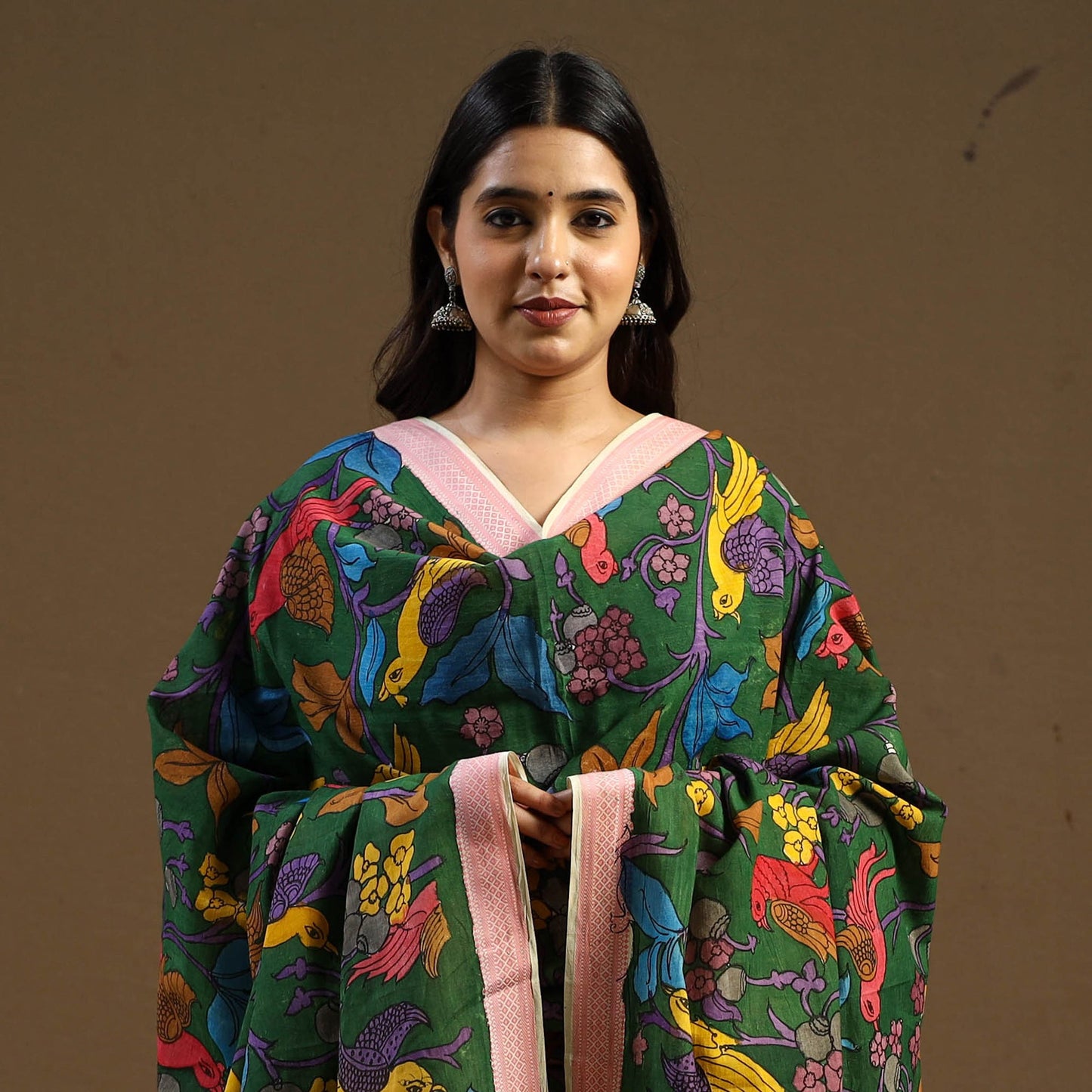 Pen Work Mangalagiri Cotton Handpainted Kalamkari Dupatta