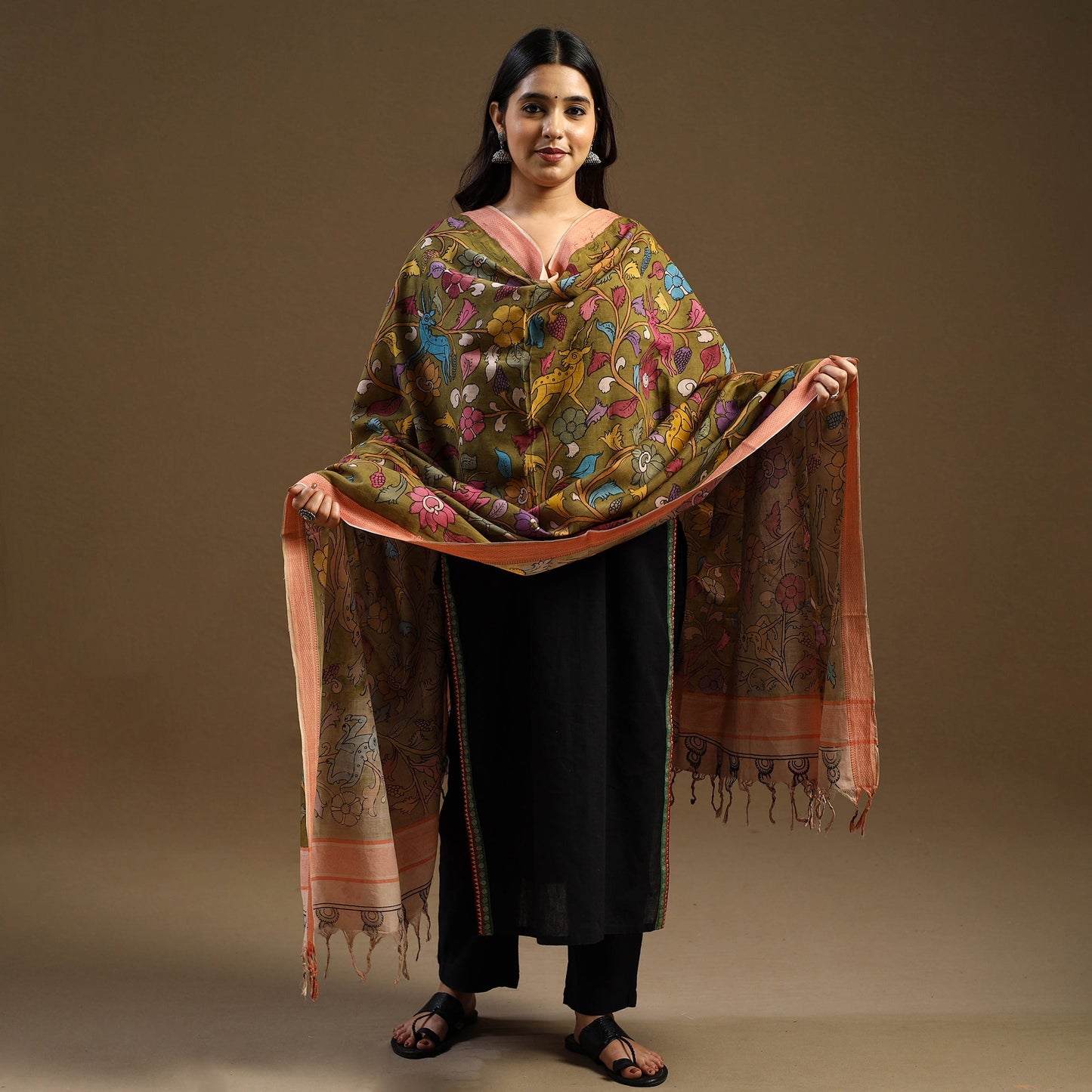 Pen Work Mangalagiri Cotton Handpainted Kalamkari Dupatta