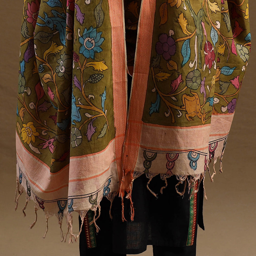 Pen Work Mangalagiri Cotton Handpainted Kalamkari Dupatta