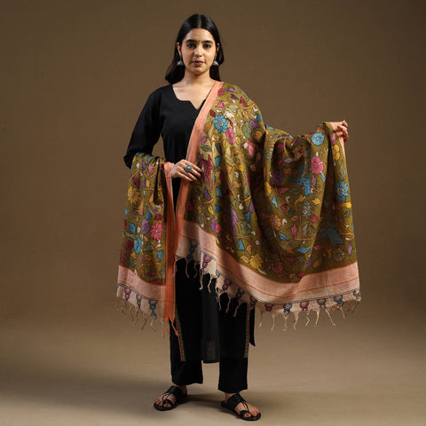 Pen Work Mangalagiri Cotton Handpainted Kalamkari Dupatta