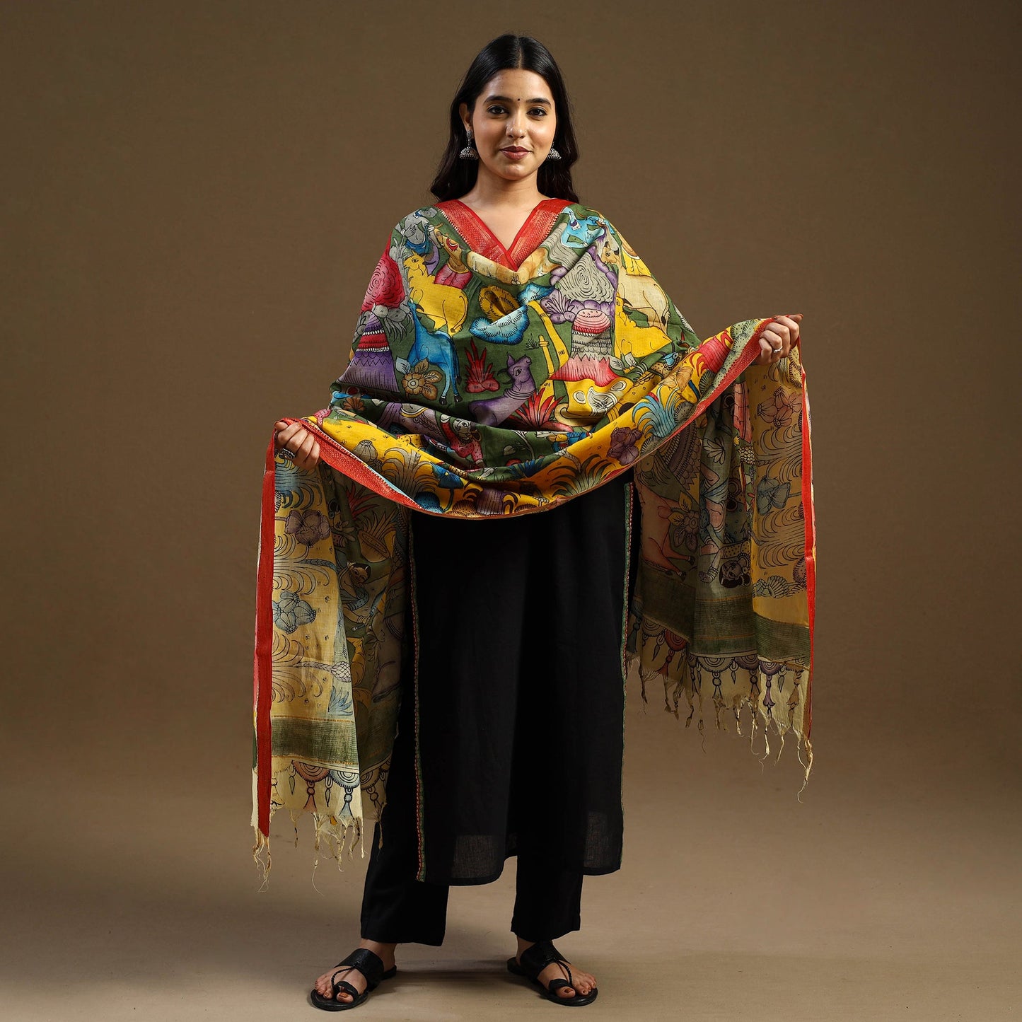 Green - pen work mangalagiri cotton handpainted kalamkari