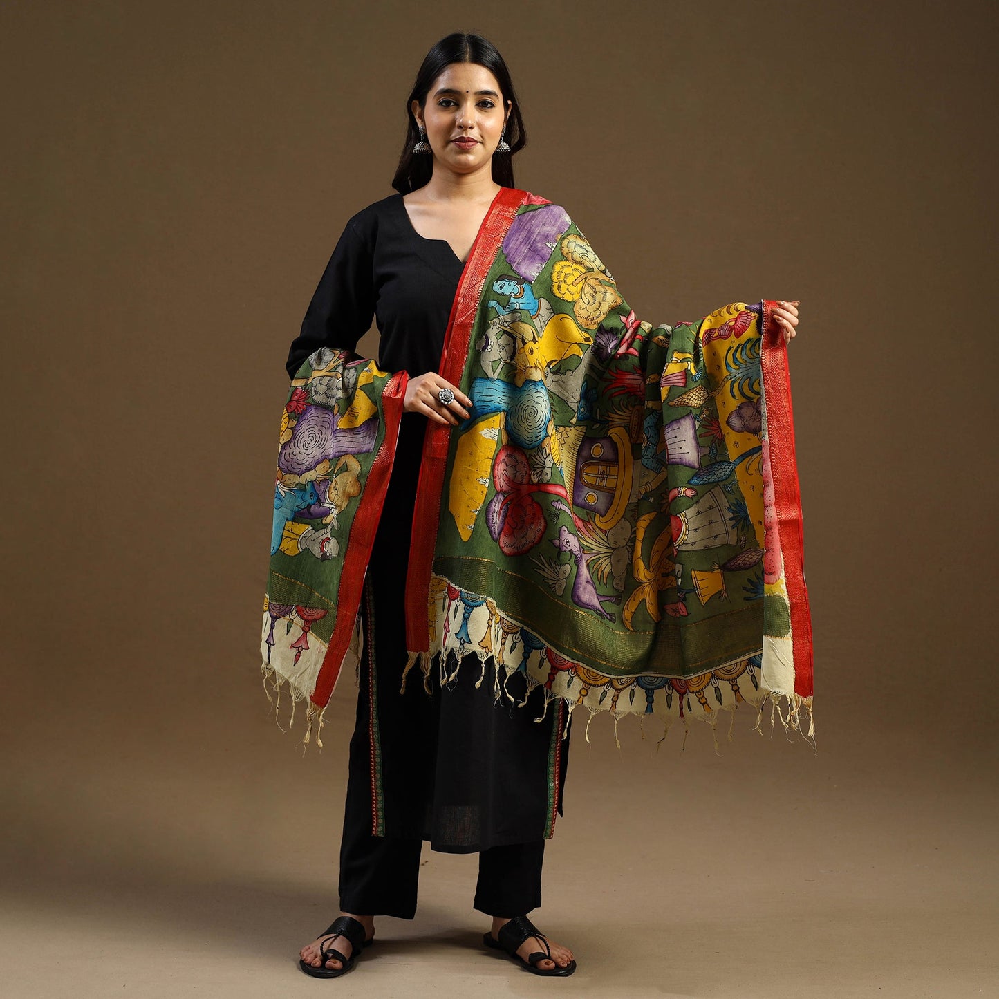 Green - pen work mangalagiri cotton handpainted kalamkari