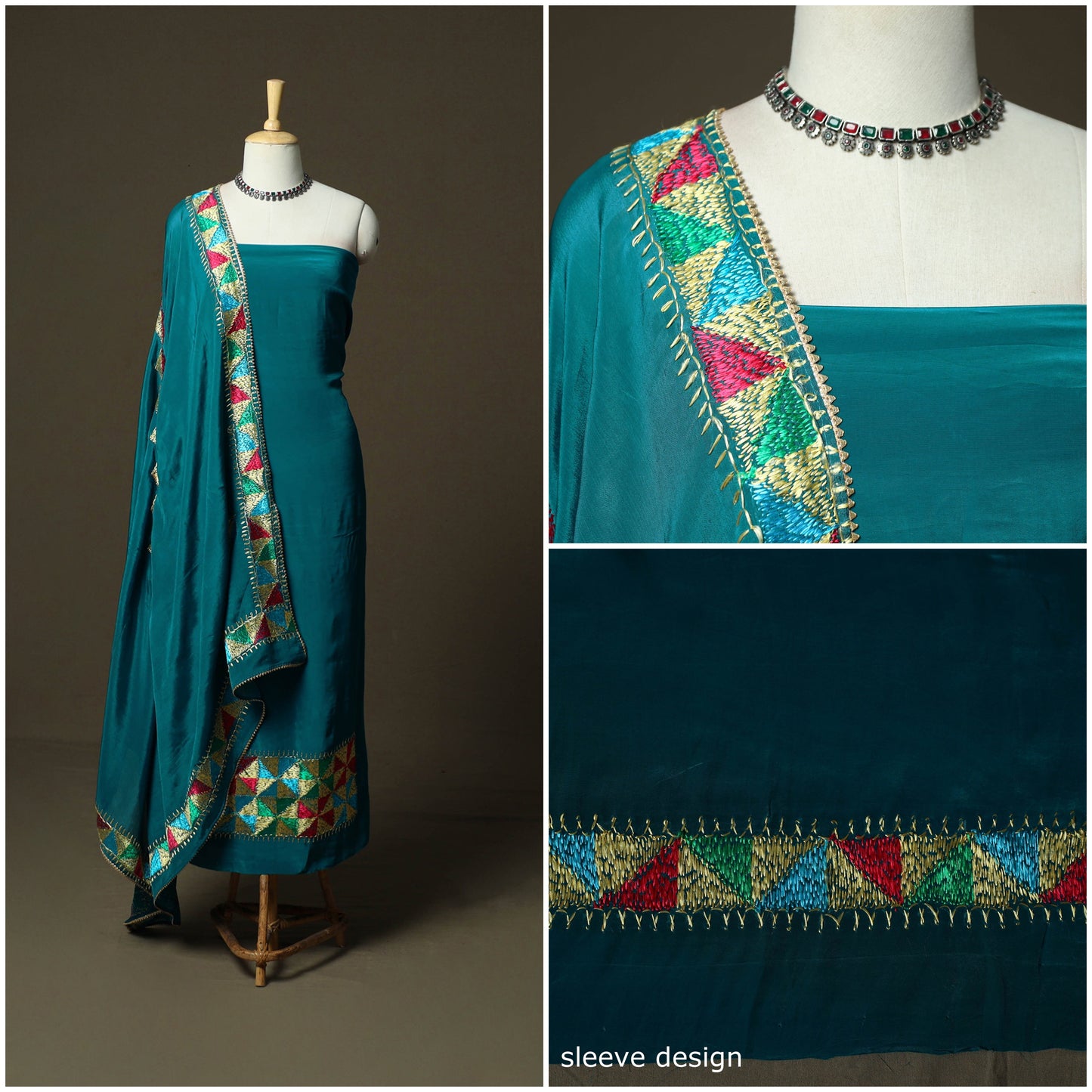 Phulkari hand embroidered crepe silk 3pc unstitched dress