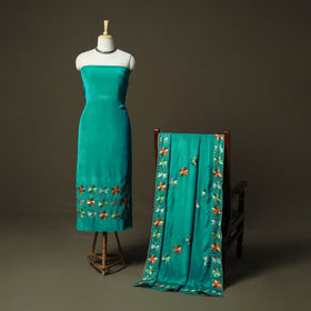 Phulkari hand embroidered crepe silk 3pc unstitched dress