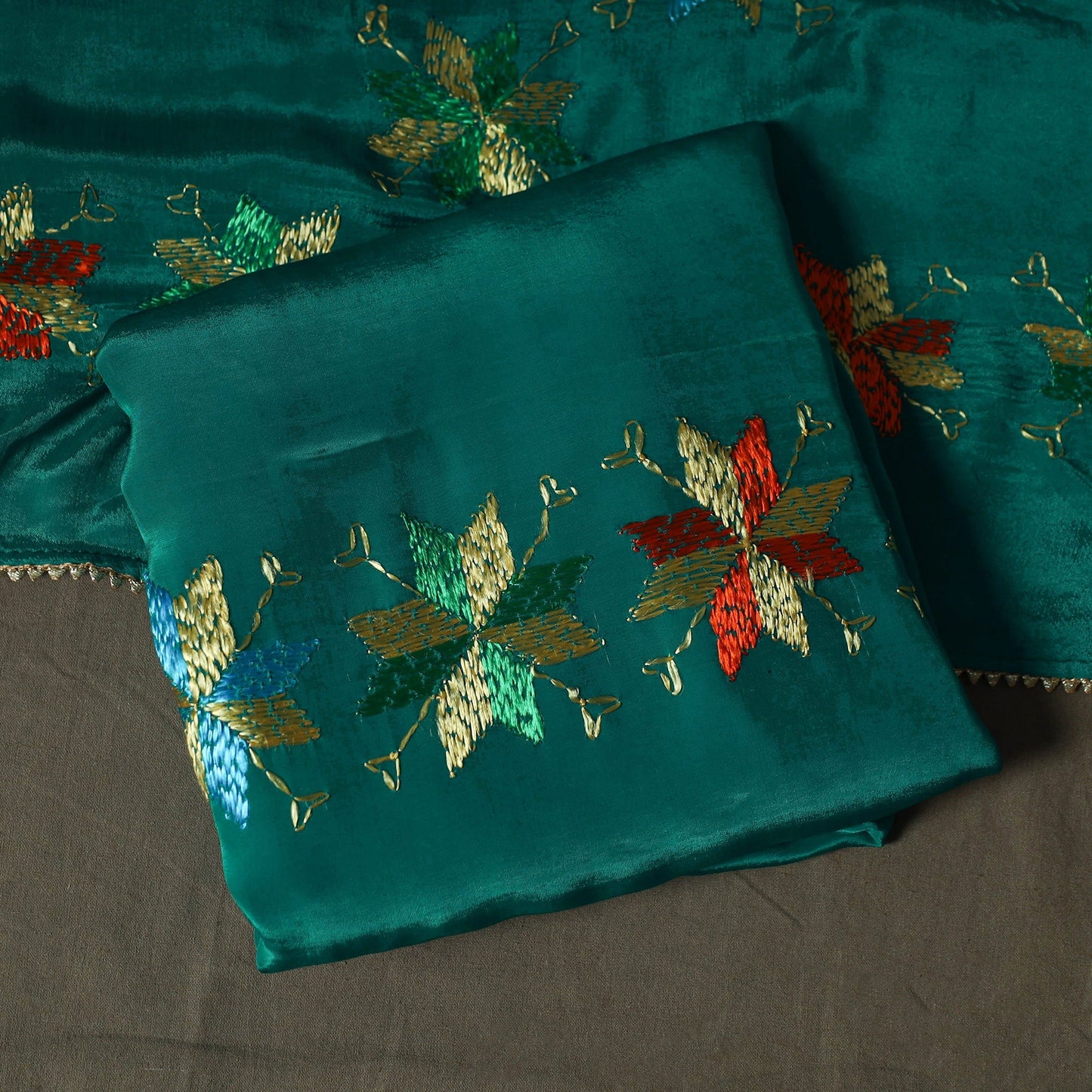 Phulkari hand embroidered crepe silk 3pc unstitched dress