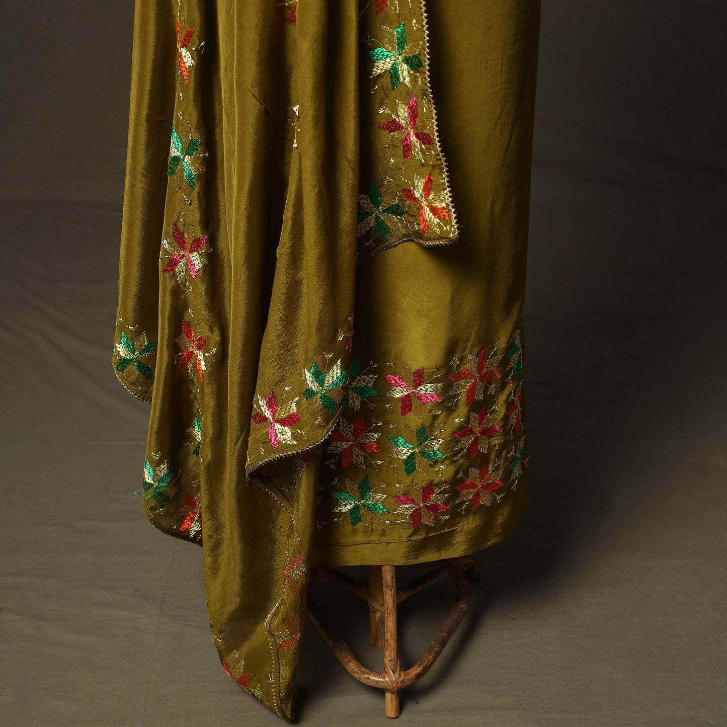 Phulkari hand embroidered crepe silk 3pc unstitched dress