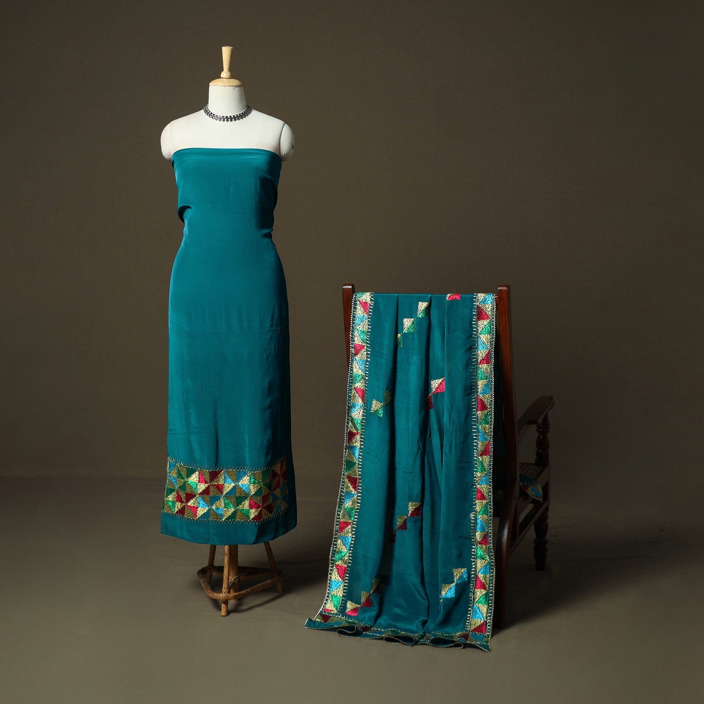 Phulkari hand embroidered crepe silk 3pc unstitched dress