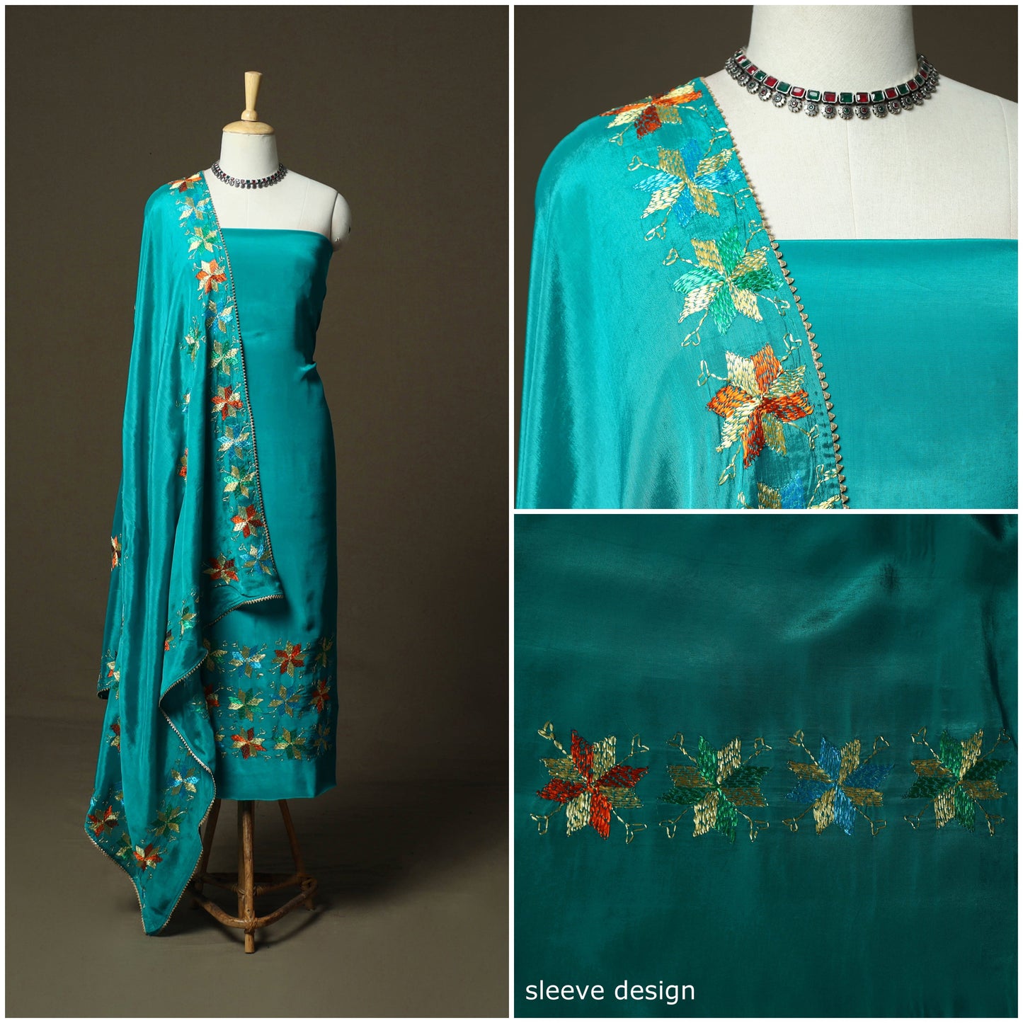 Phulkari hand embroidered crepe silk 3pc unstitched dress
