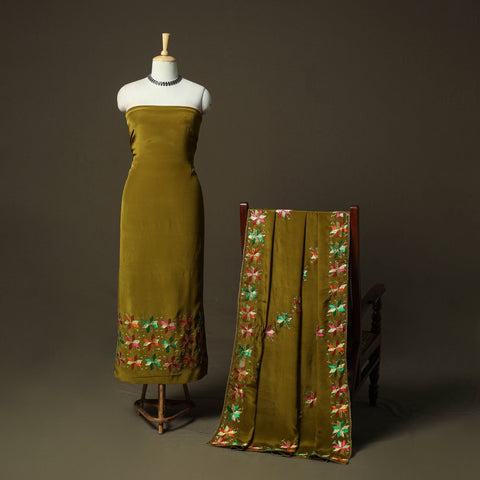 Phulkari hand embroidered crepe silk 3pc unstitched dress