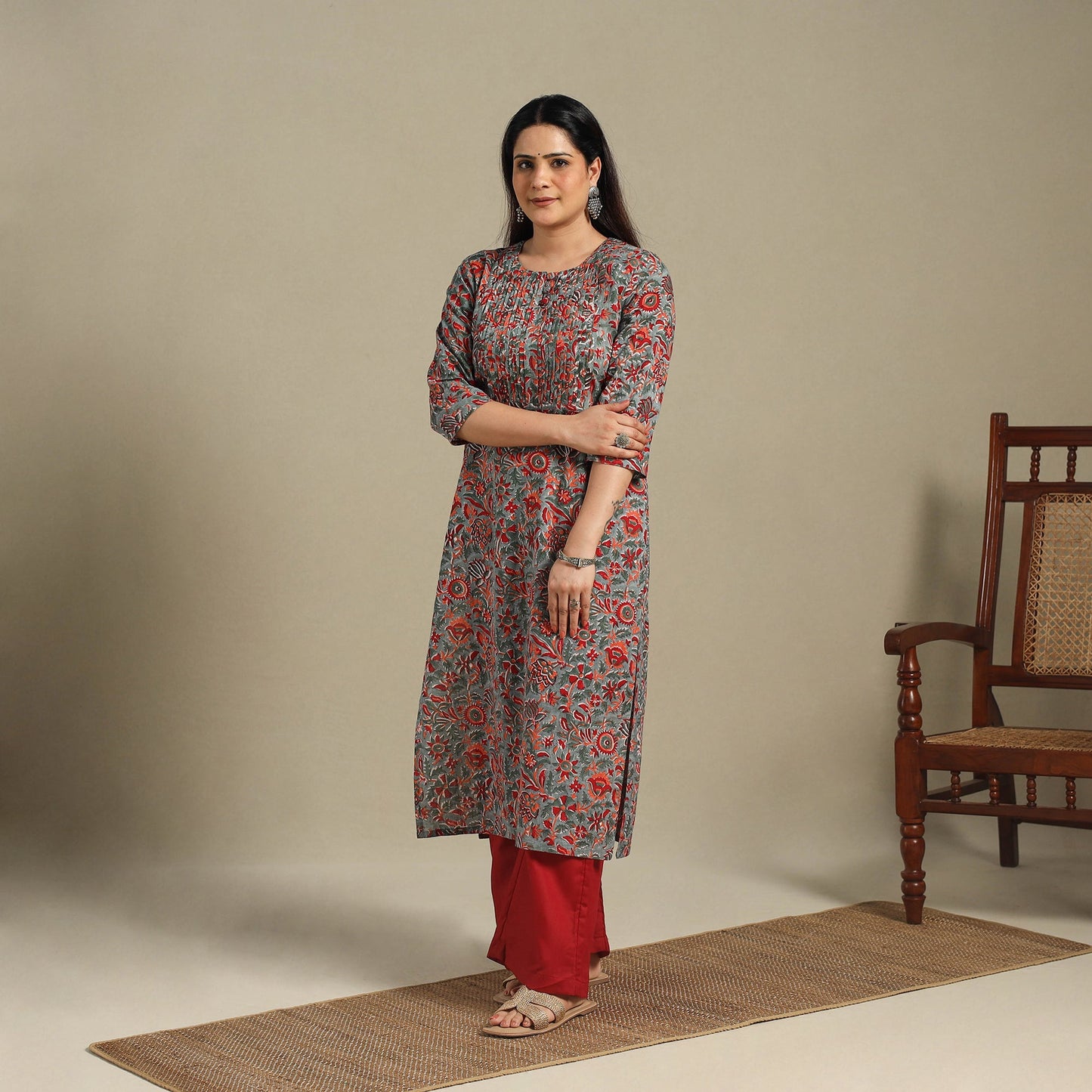 Green - pintuck cotton straight sanganeri kurta 16