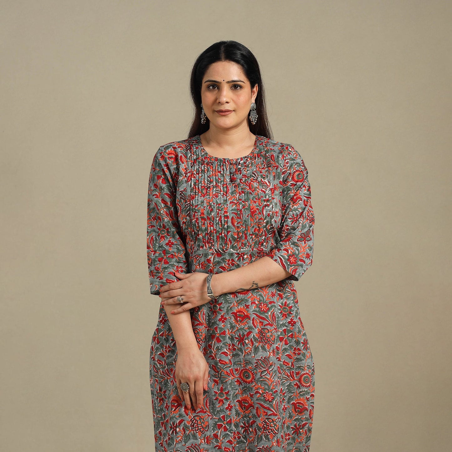 Green - pintuck cotton straight sanganeri kurta 16