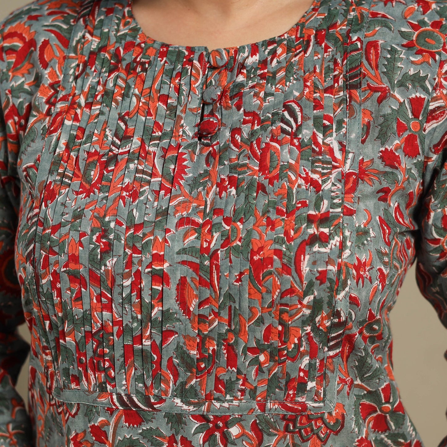 Green - pintuck cotton straight sanganeri kurta 16