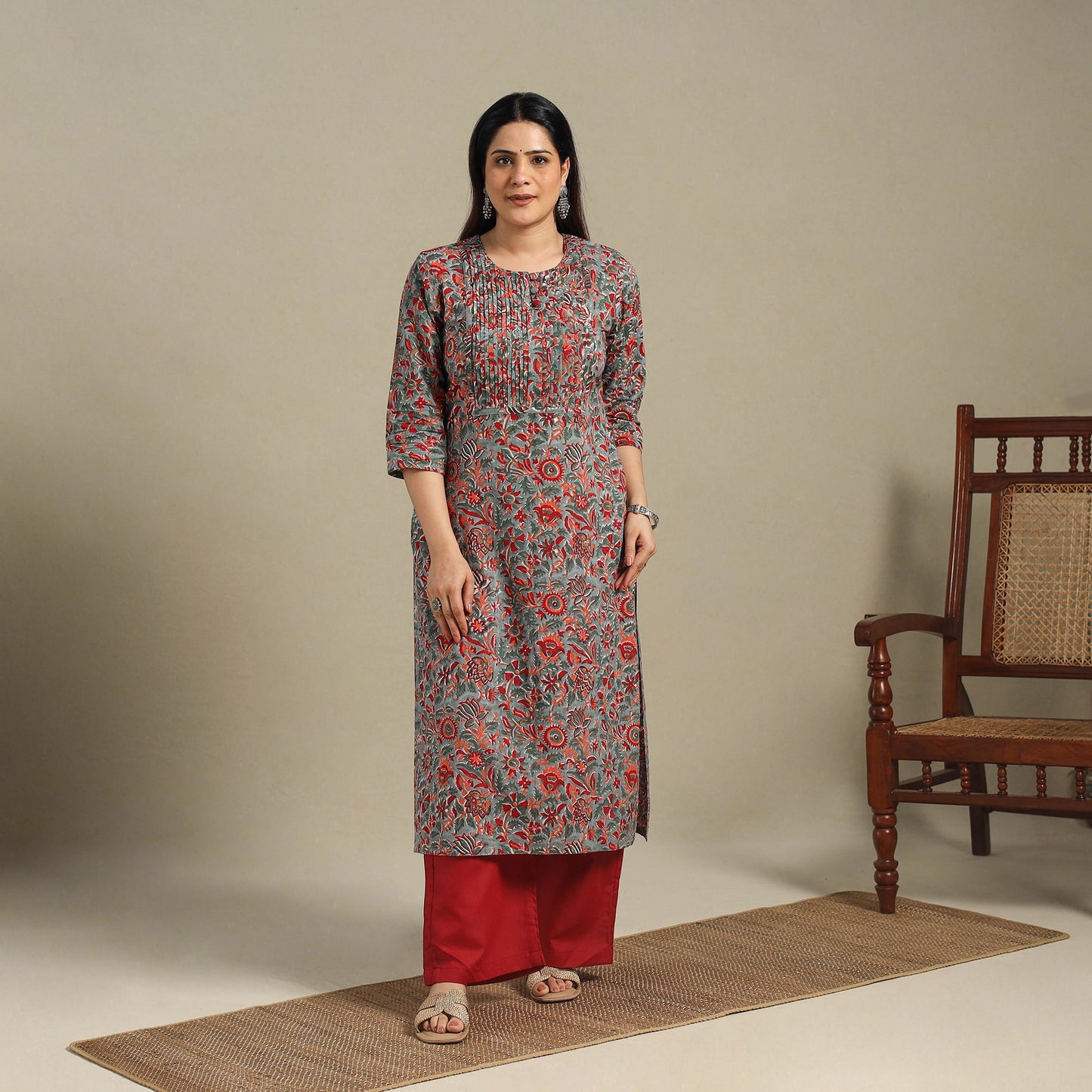 Green - pintuck cotton straight sanganeri kurta 16