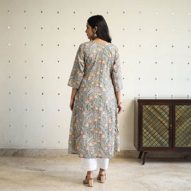  Green Pintuck Flared Cotton Block Print Sanganeri Kurta