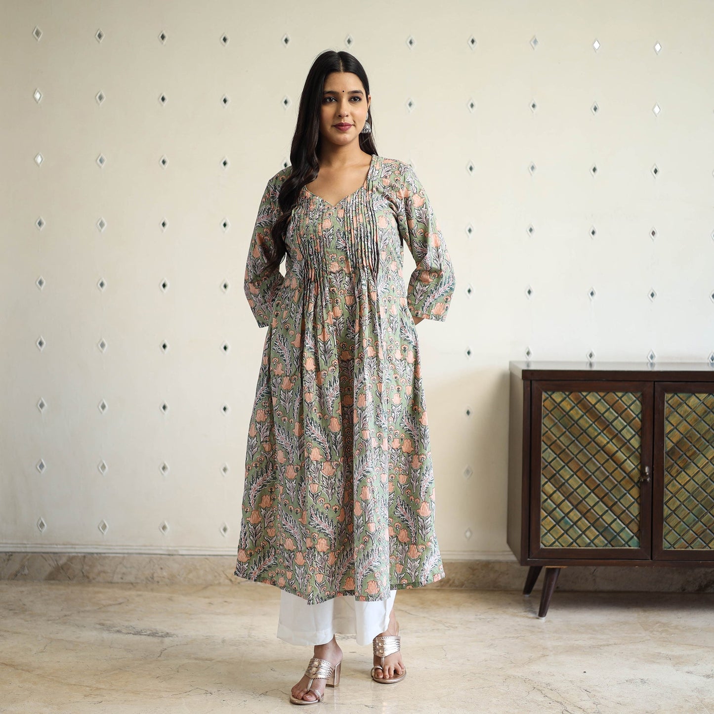  Green Pintuck Flared Cotton Block Print Sanganeri Kurta