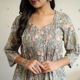  Green Pintuck Flared Cotton Block Print Sanganeri Kurta