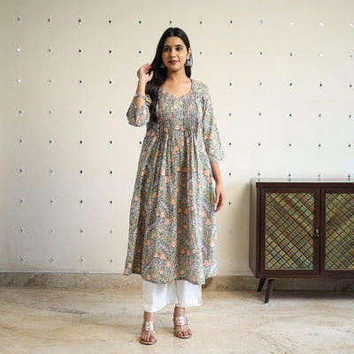 Green Pintuck Flared Cotton Block Print Sanganeri Kurta
