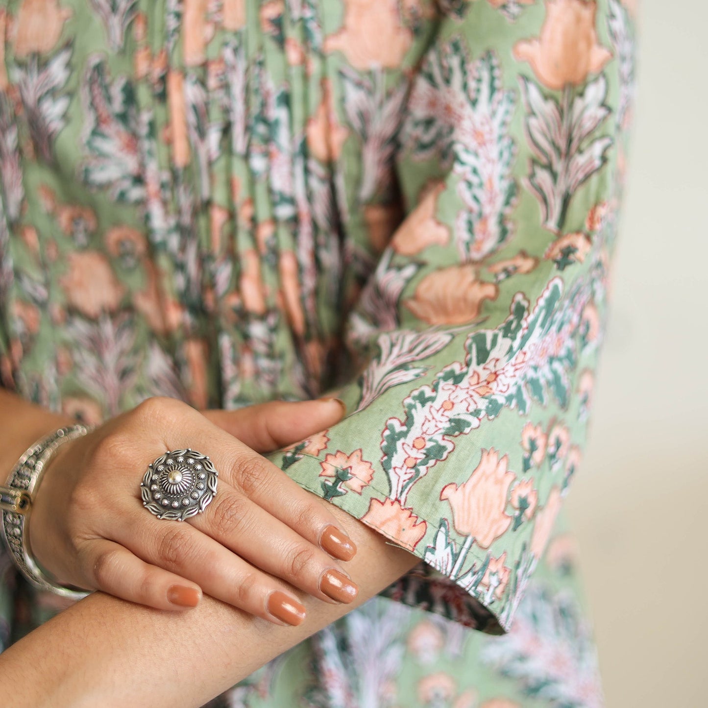  Green Pintuck Flared Cotton Block Print Sanganeri Kurta