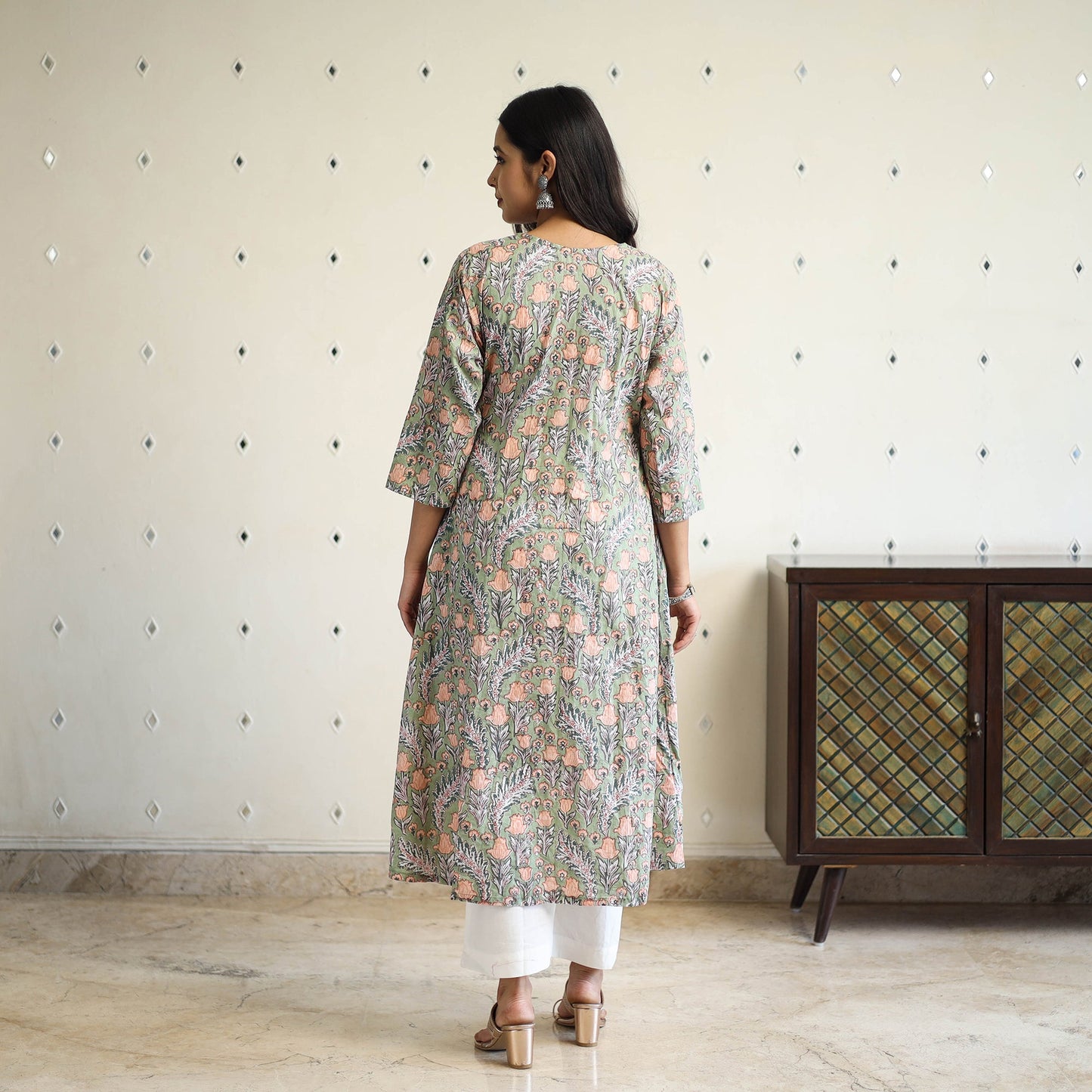  Green Pintuck Flared Cotton Block Print Sanganeri Kurta