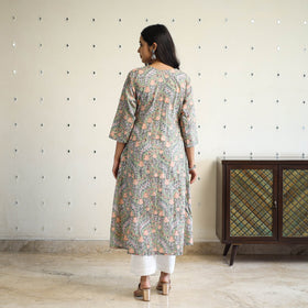  Green Pintuck Flared Cotton Block Print Sanganeri Kurta