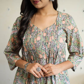  Green Pintuck Flared Cotton Block Print Sanganeri Kurta