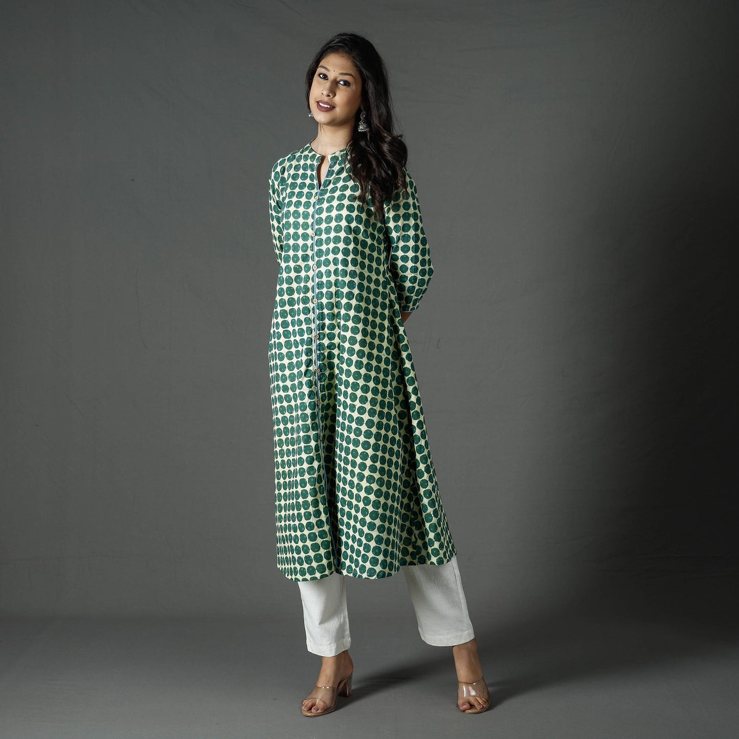 Green - pipad printed cotton long kurta - handcrafted