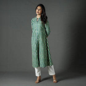 Green - pipad printed cotton long kurta - handcrafted
