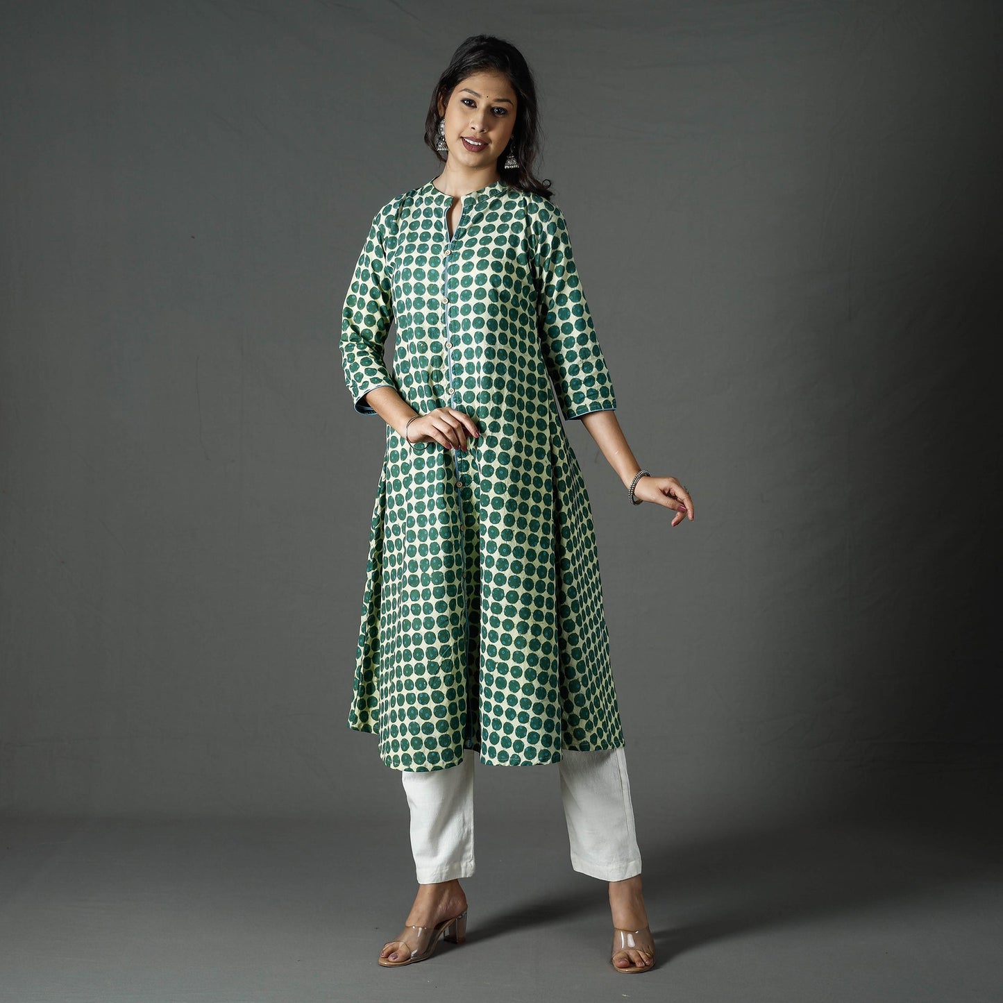 Green - pipad printed cotton long kurta - handcrafted