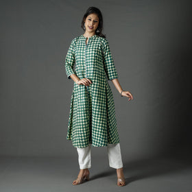 Green - pipad printed cotton long kurta - handcrafted