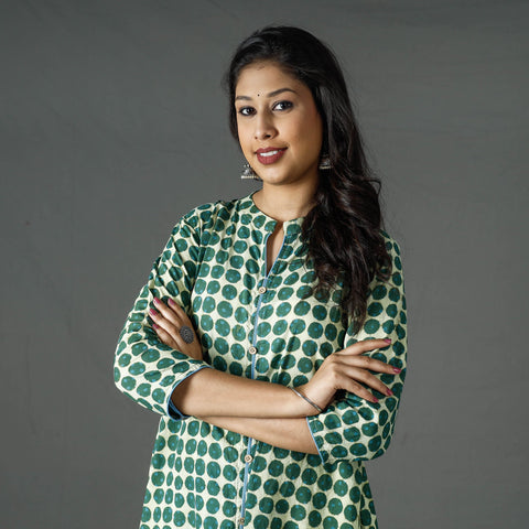Green - pipad printed cotton long kurta - handcrafted