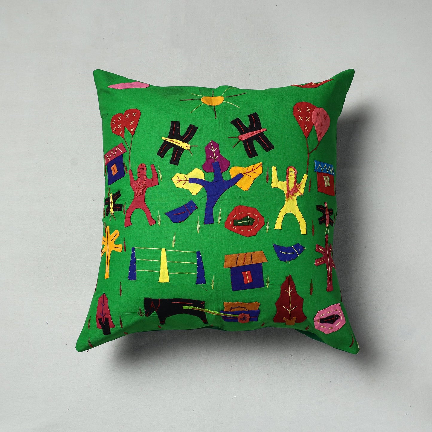 Green  Pipli Applique Work Cotton Cushion Cover