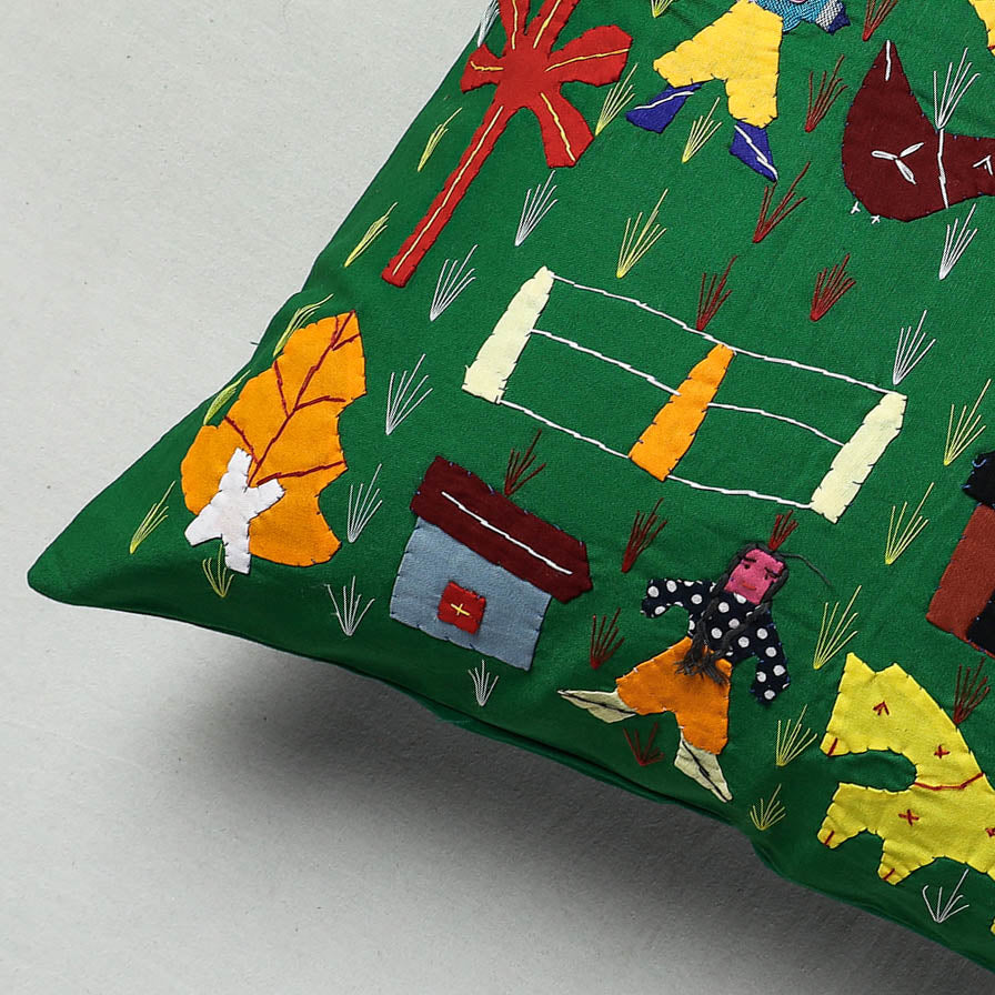 Green Pipli Applique Work Cotton Cushion Cover
