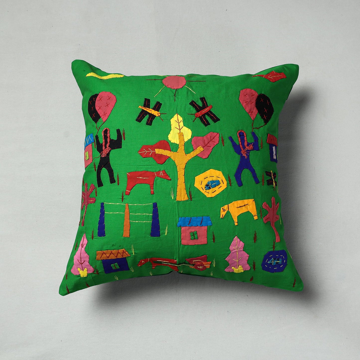 Green Pipli Applique Work Cotton Cushion Cover