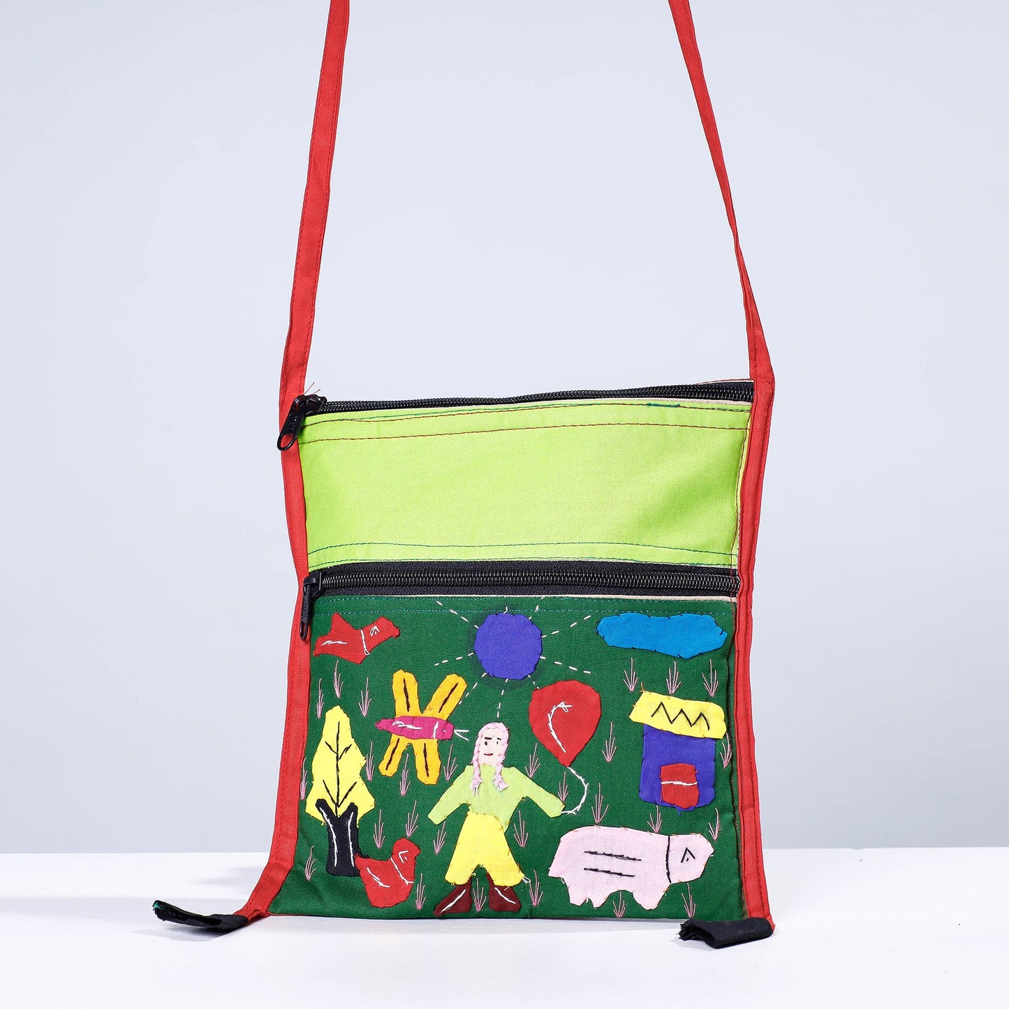 Green Pipli Applique Work Cotton Sling Bag