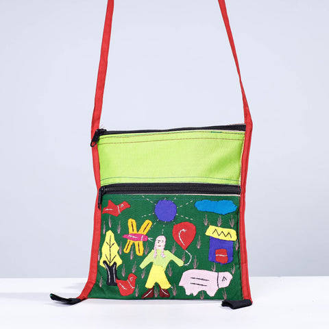 Green Pipli Applique Work Cotton Sling Bag