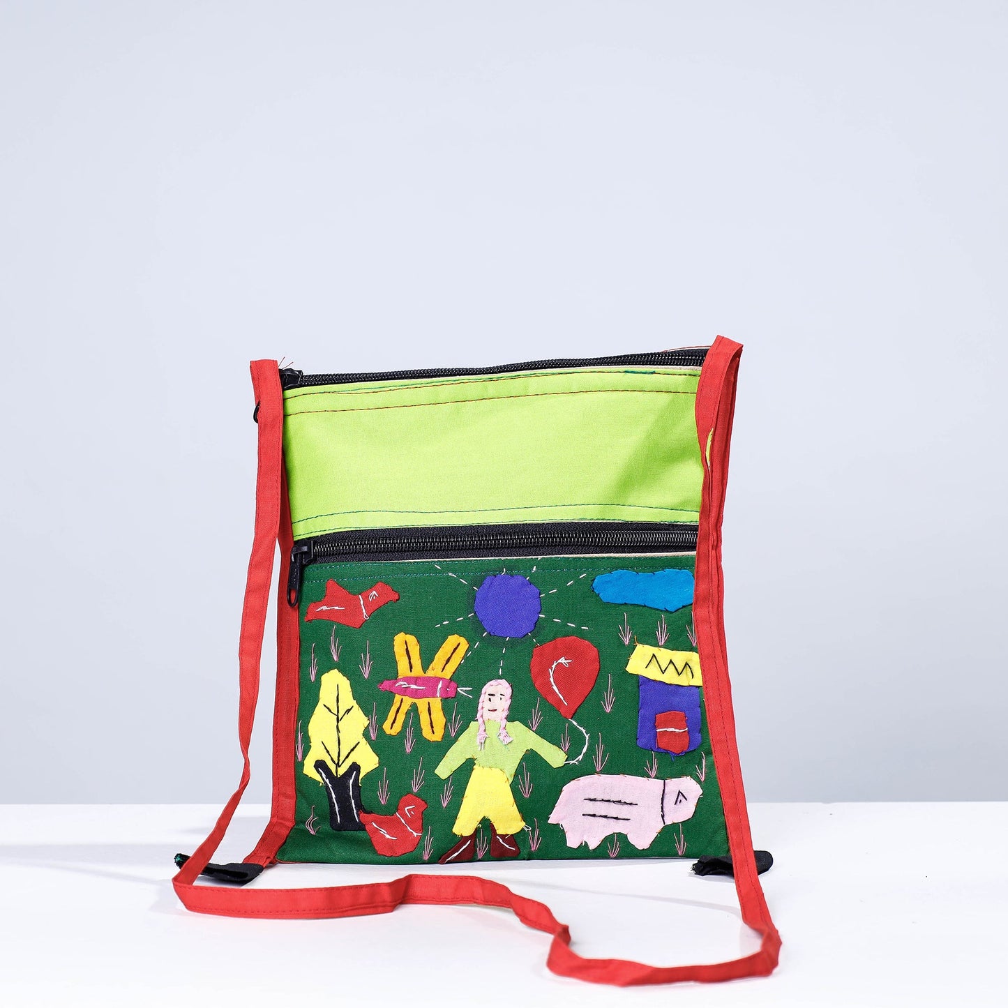 Green Pipli Applique Work Cotton Sling Bag