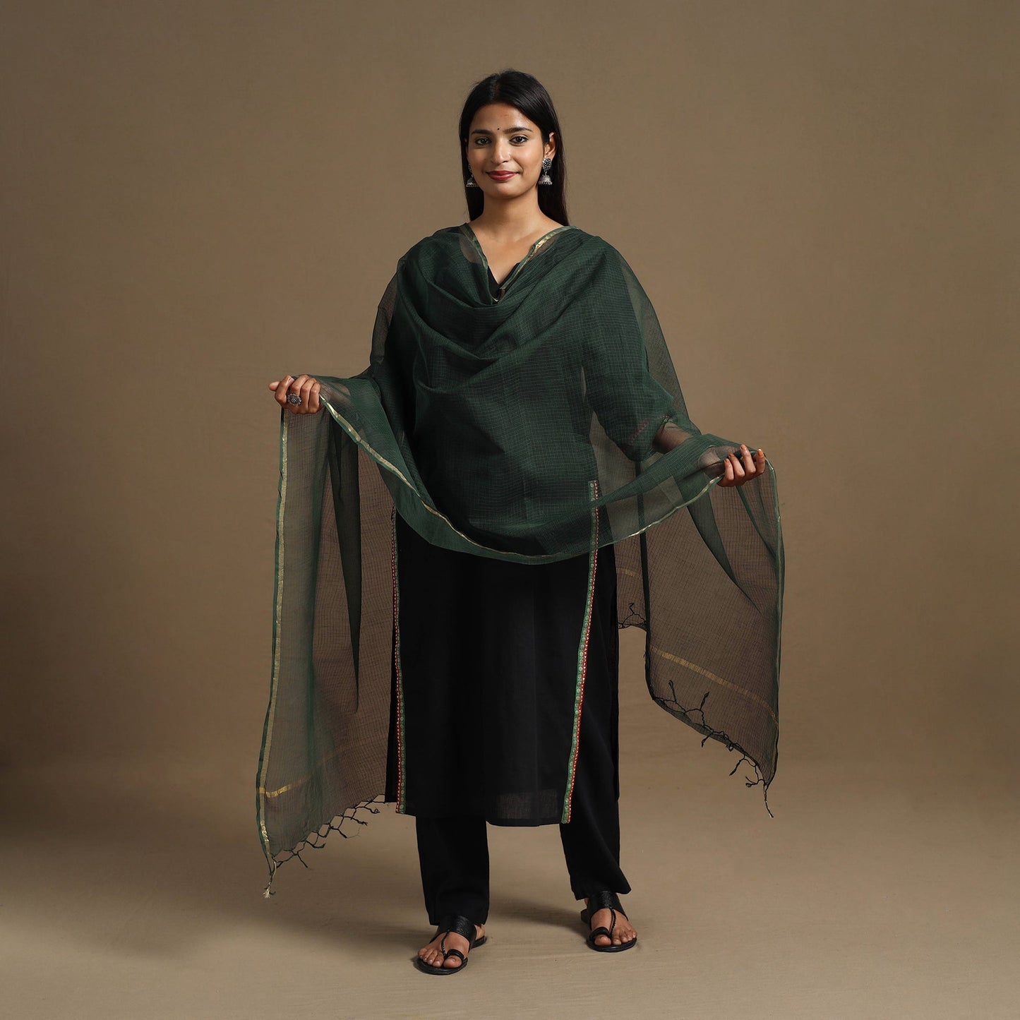  Green Plain Cotton Kota Doria Dupatta