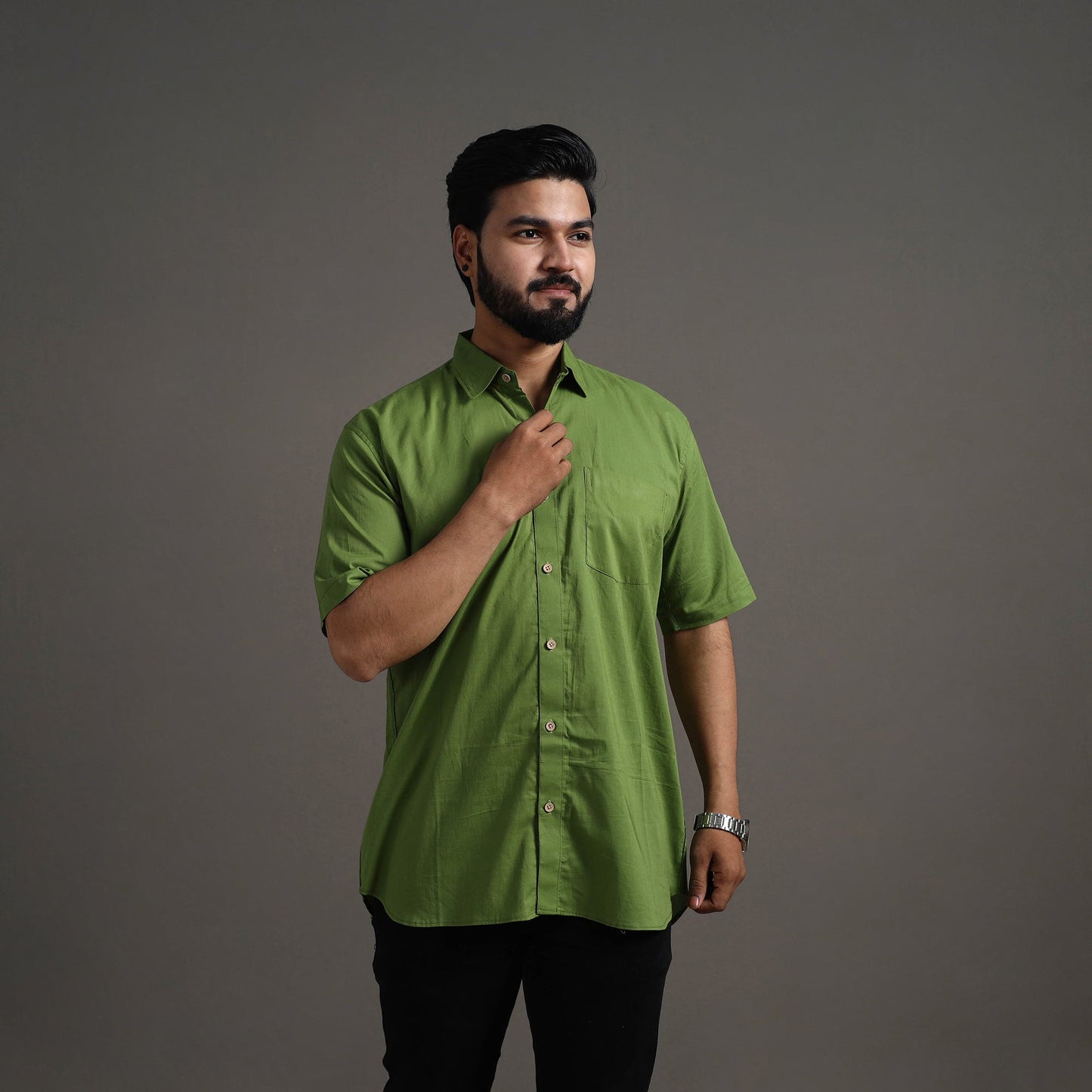 Green - Plain Cotton Men Half Sleeve Shirt 04