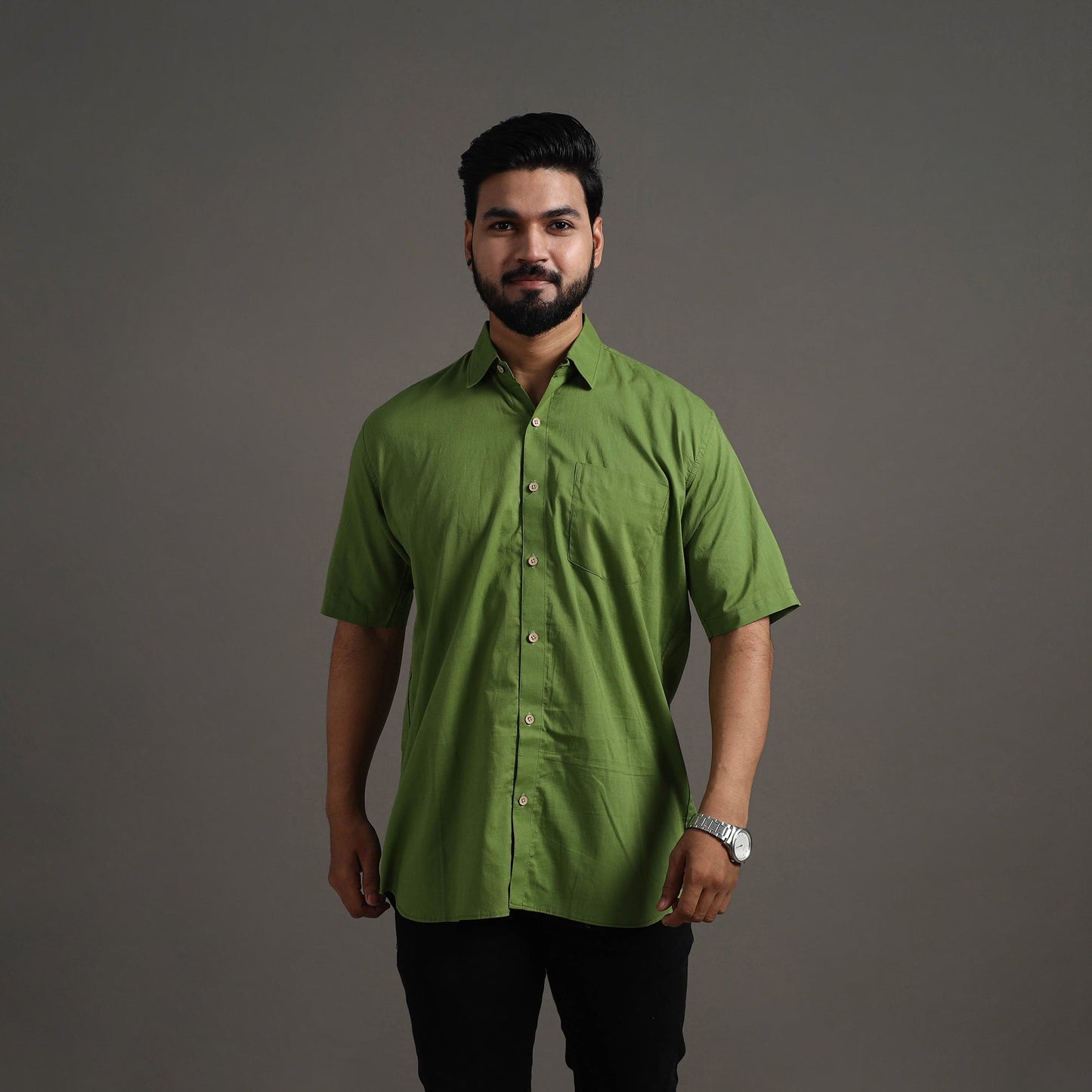 Green - Plain Cotton Men Half Sleeve Shirt 04