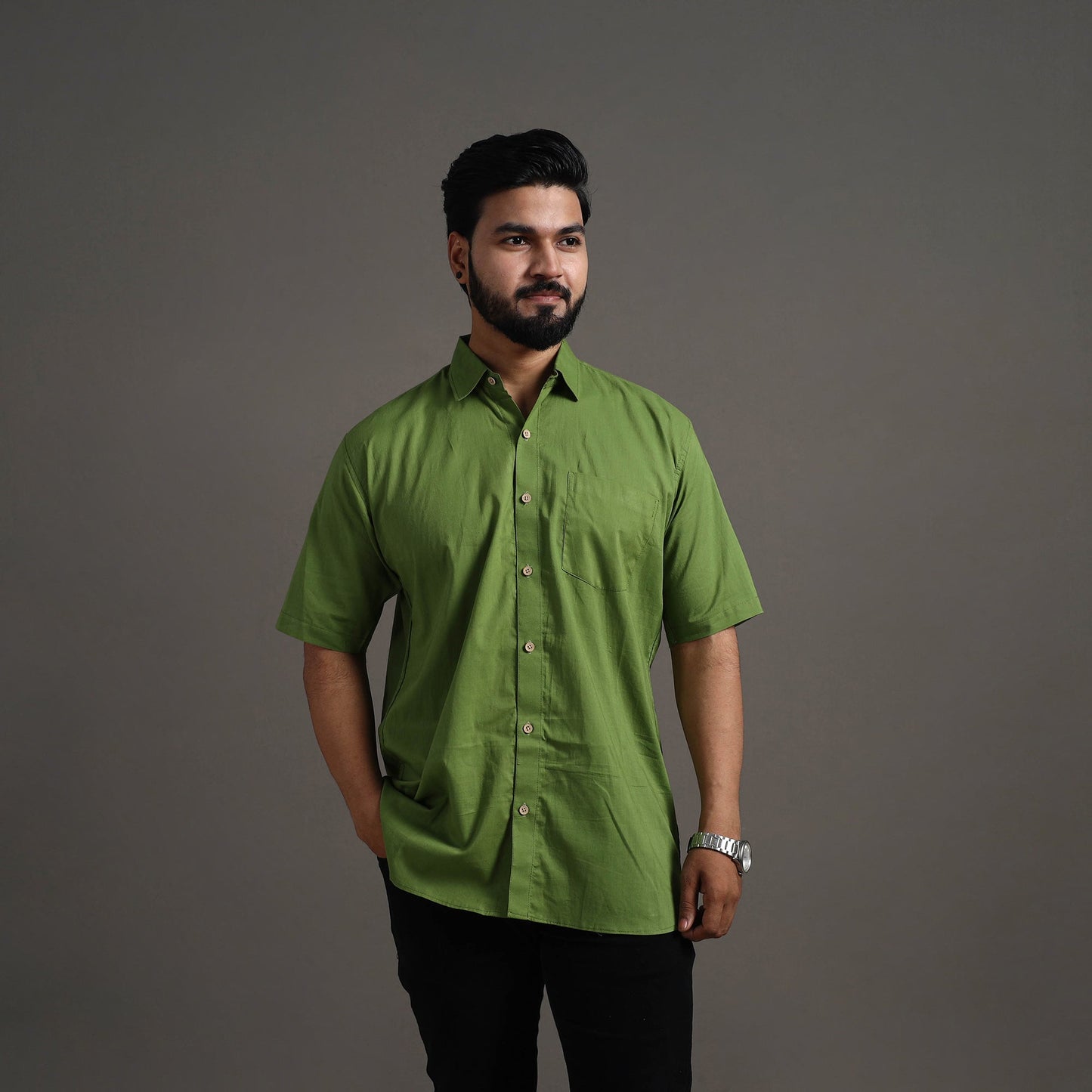 Green - Plain Cotton Men Half Sleeve Shirt 04