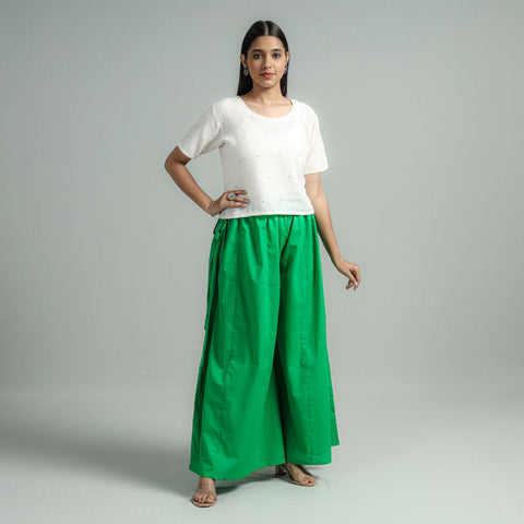 Buy Green - Plain Dyed Cotton Flared Palazzo Online 