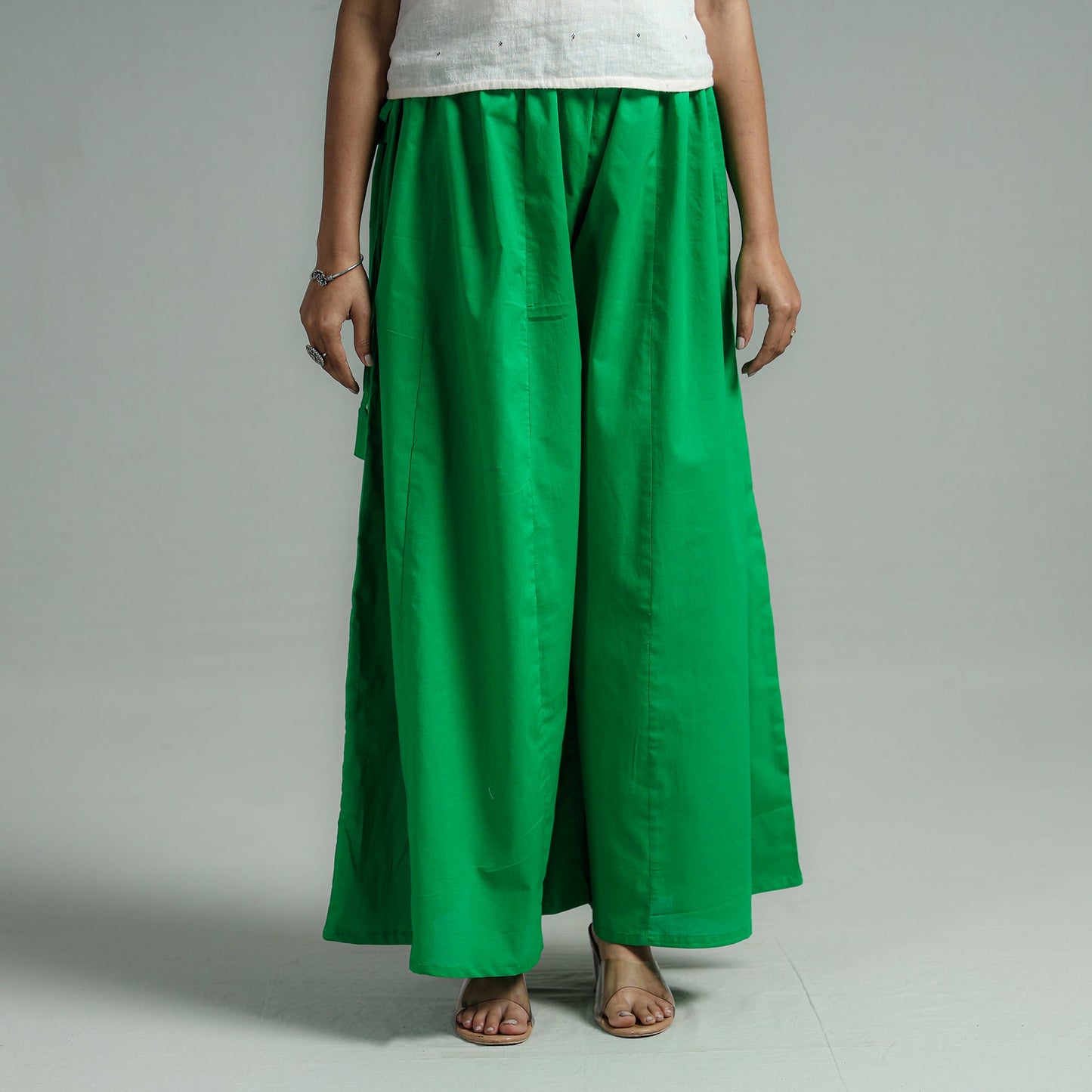 Buy Green - Plain Dyed Cotton Flared Palazzo Online 