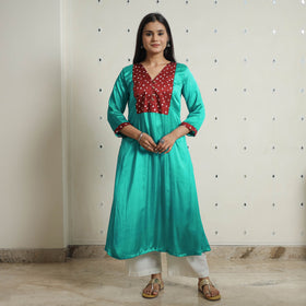 Green - plain modal silk a-line kurta with bandhani