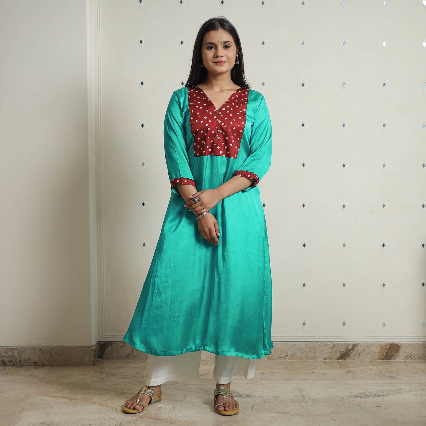 Green - plain modal silk a-line kurta with bandhani