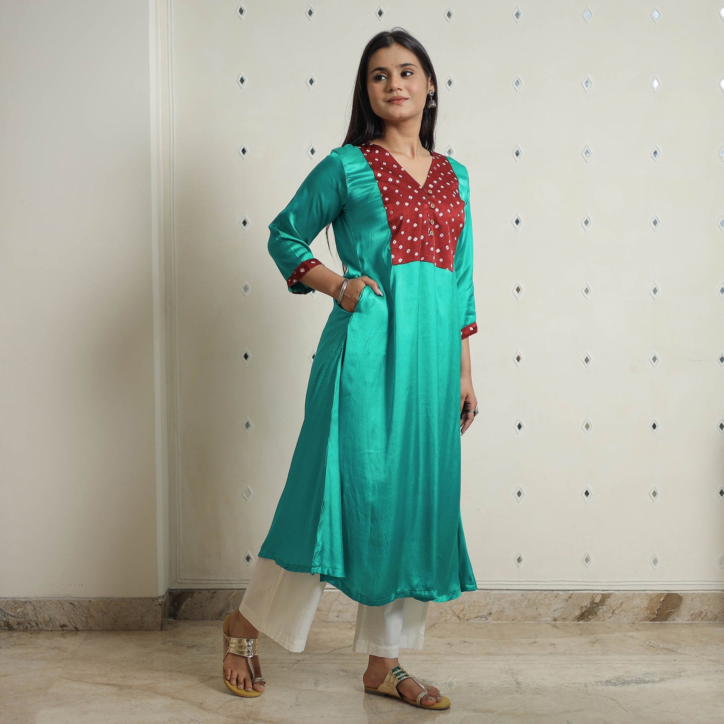 Green - plain modal silk a-line kurta with bandhani