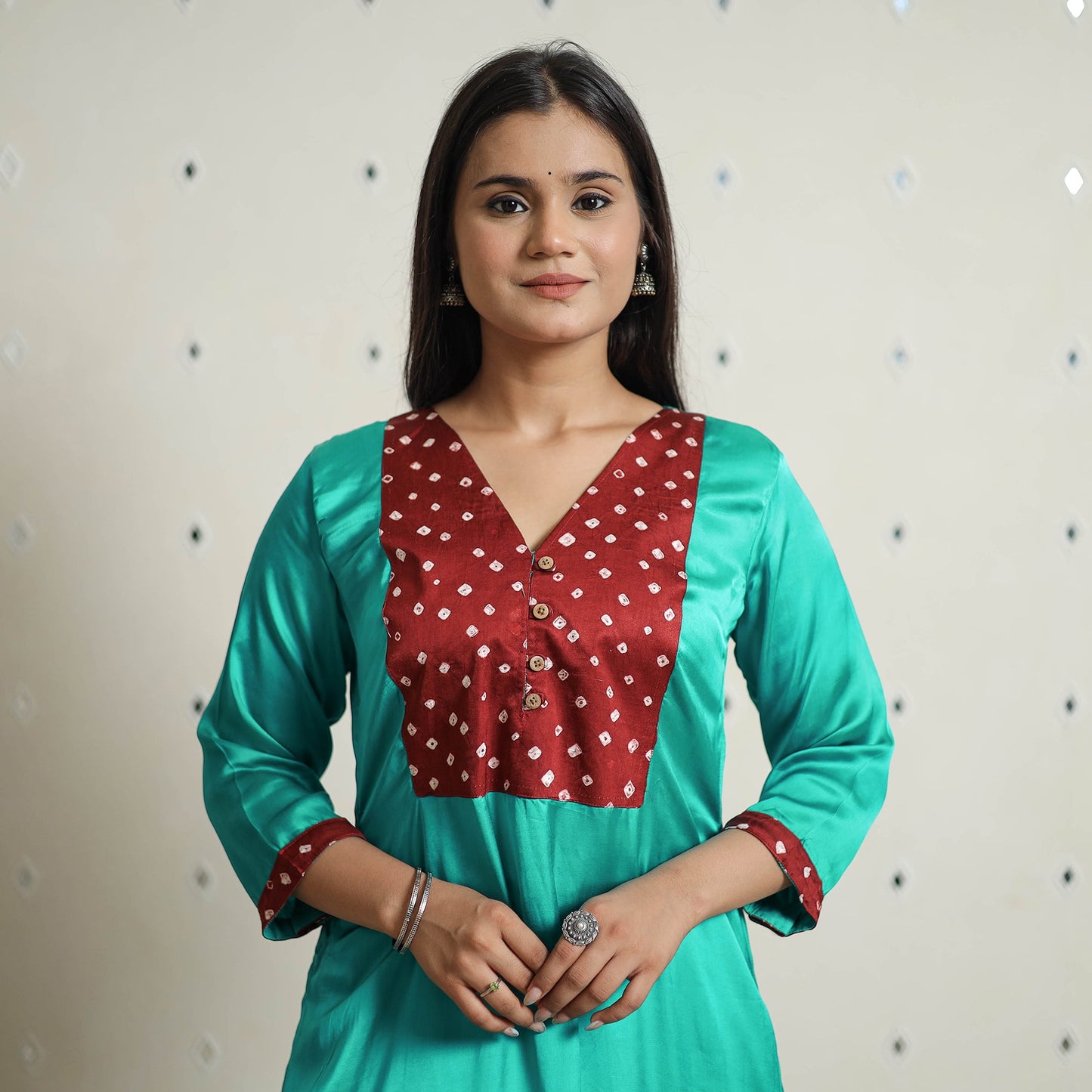 Green - plain modal silk a-line kurta with bandhani