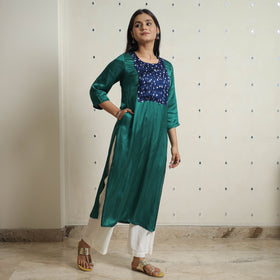 Green - plain modal silk straight kurta with bandhani