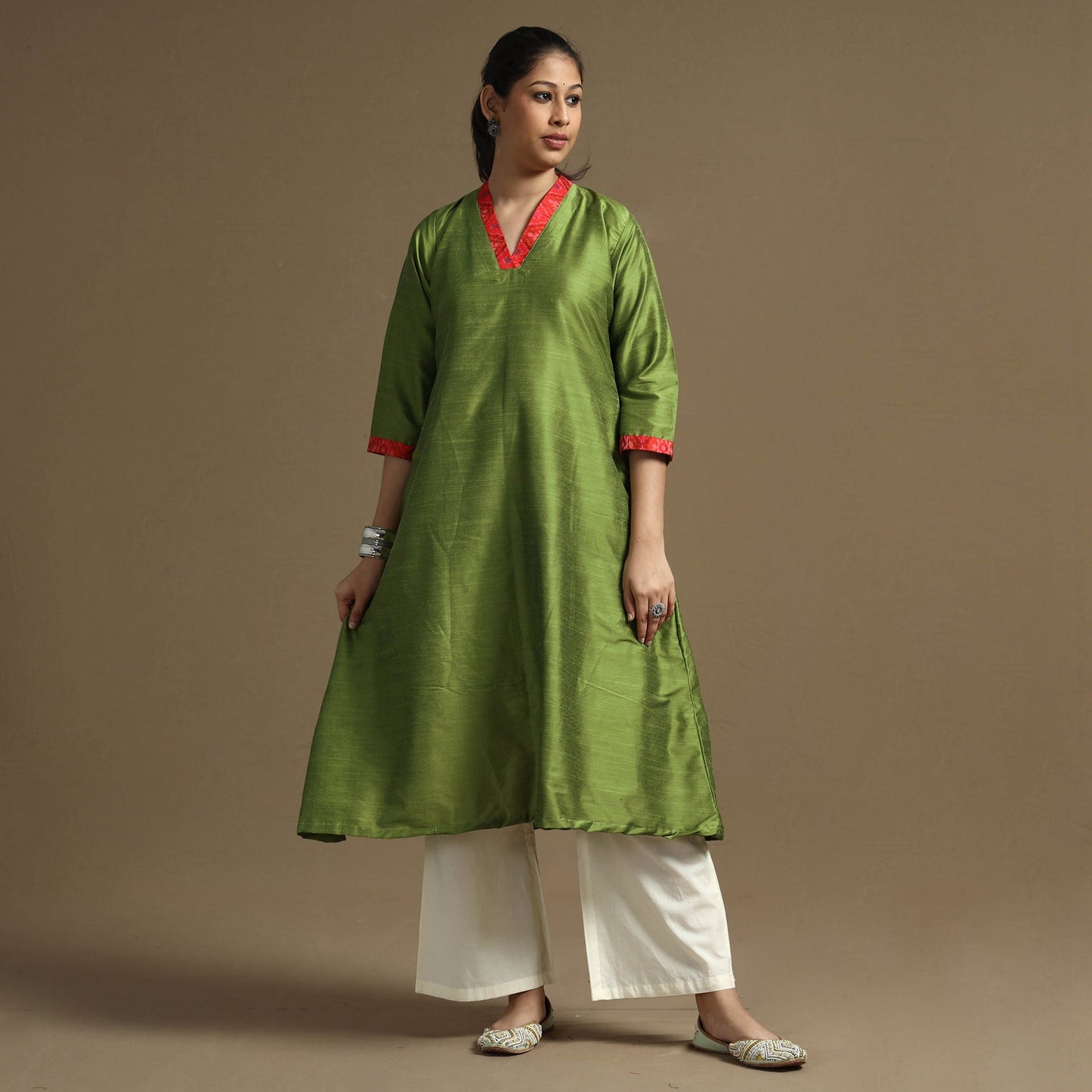 Buy Plain Solid Slub Silk Long Kurta for Women